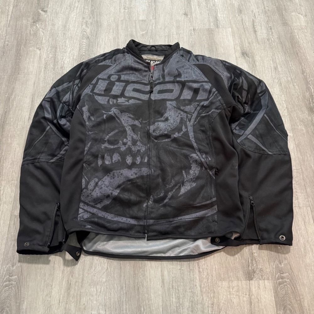 Icon Hooligan 2 Etched Mesh Motorcycle Jacket Mens XL Black Grey Skull Armor